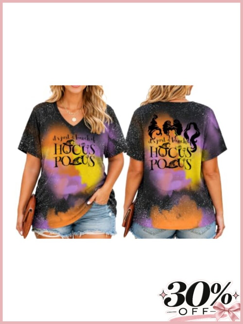 Plus Size Halloween Witch Tees V-Neck Tie-Dye Women's Short Sleeve